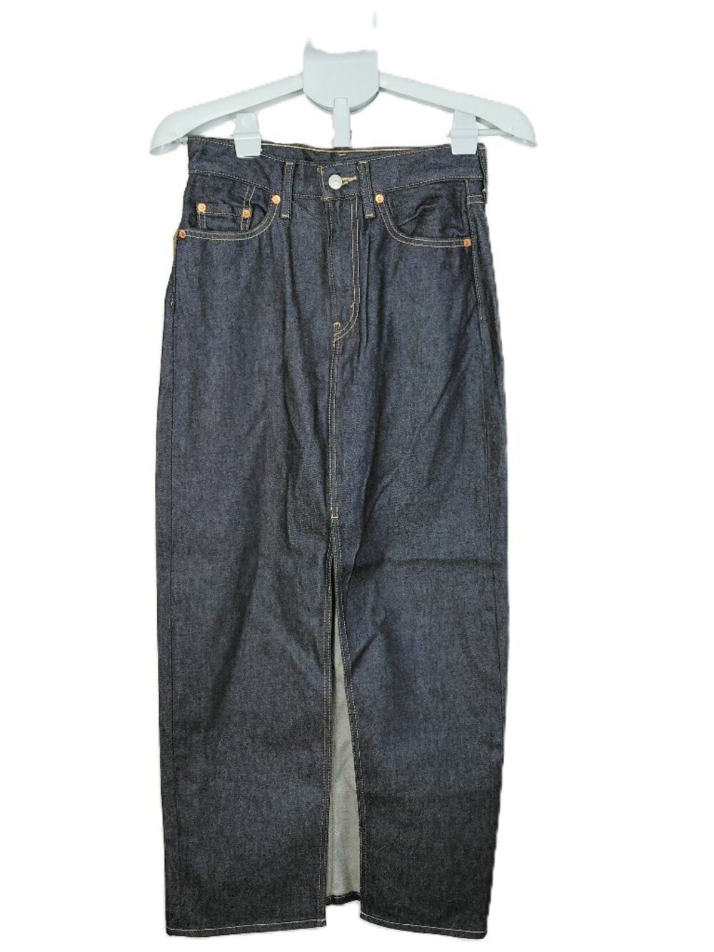 Levi's A7512 Ankle Column Skirt Women's Size 24 Dark Wash Denim Front Slit